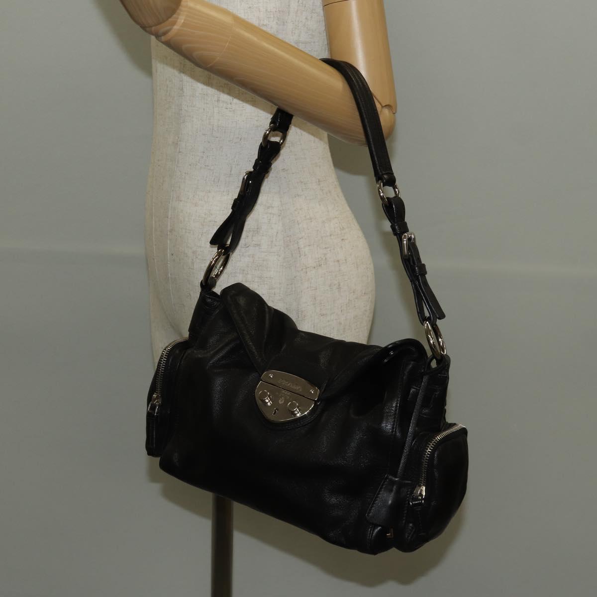 PRADA Shoulder Bag Leather Black Silver Auth am9339V