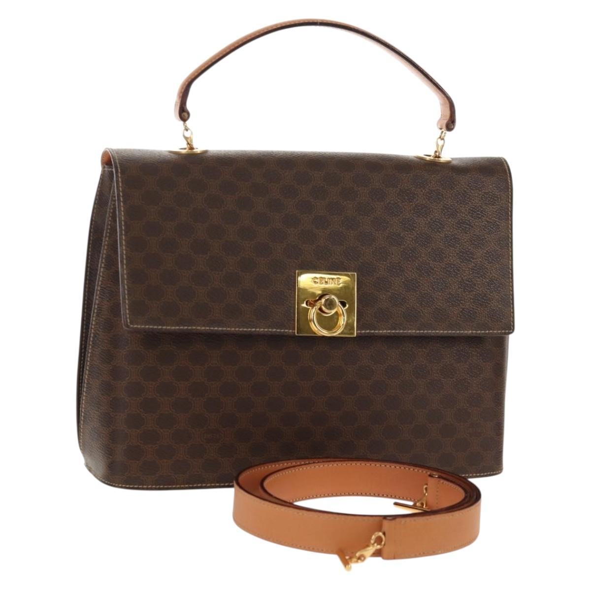 CELINE Macadam Canvas Hand Bag PVC Leather 2way Brown Gold Auth am9343V