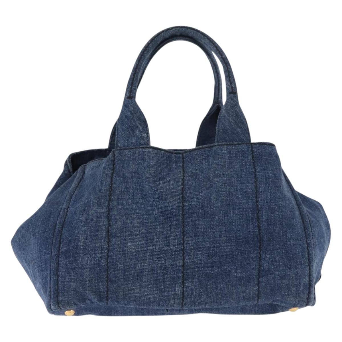 PRADA Canapa MM Hand Bag Denim Blue Gold Auth am9345