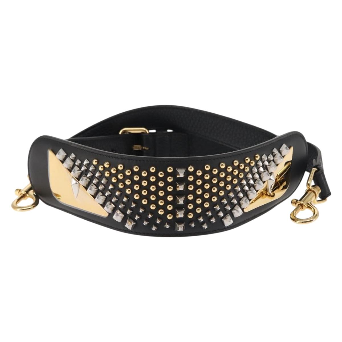 FENDI Monster Studs Shoulder Strap Leather 31.5""-39.4"" Black Gold Auth am9364