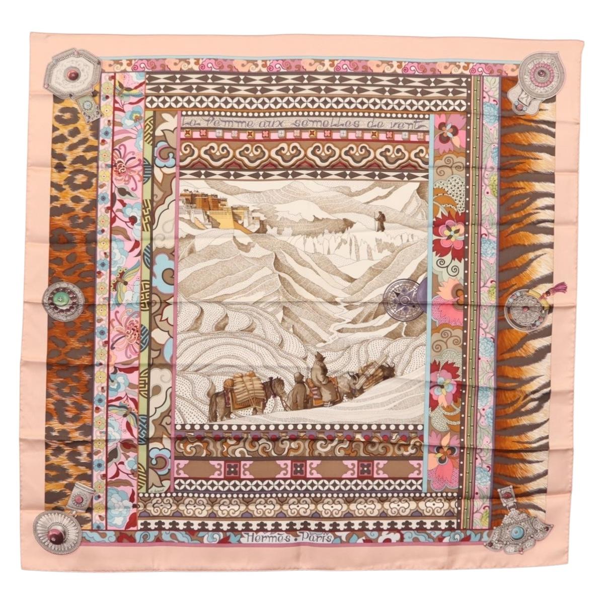 HERMES Carre 90 Scarf LA FEMME AUX SEMELLES DE VENT Silk Pink Auth am9373