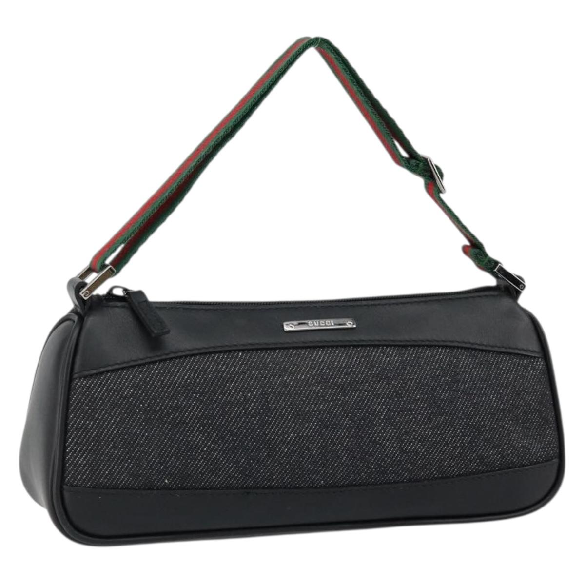 GUCCI Web Sherry Line Pouch Canvas Leather Black Silver Red 92820 Auth am9396