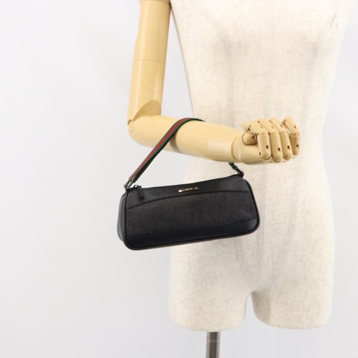 GUCCI Web Sherry Line Pouch Canvas Leather Black Silver Red 92820 Auth am9396