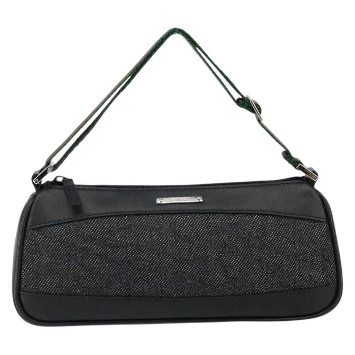 GUCCI Web Sherry Line Pouch Canvas Leather Black Silver Red 92820 Auth am9396