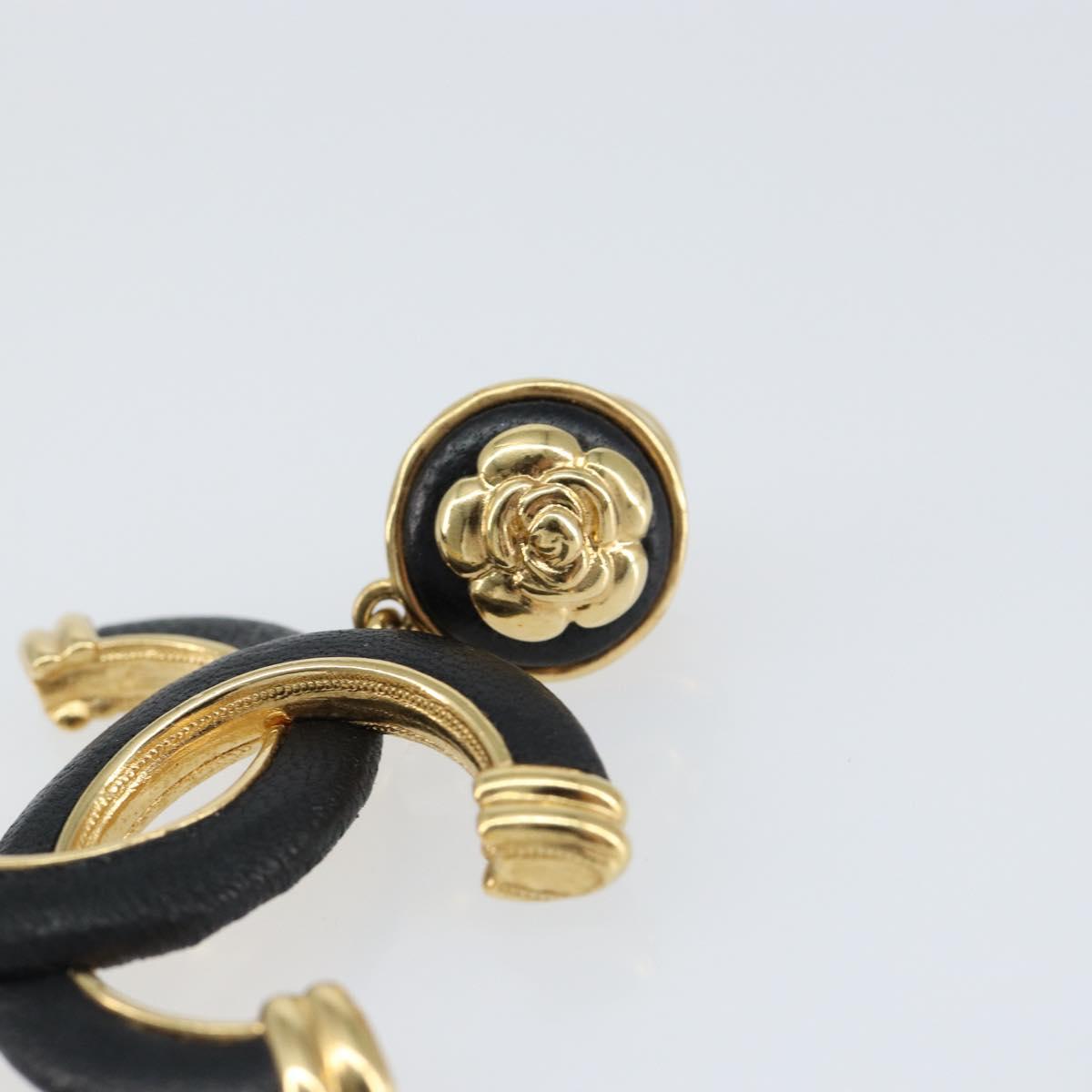CHANEL COCO Mark Camelia Earring Metal Leather Gold CC Auth am9409