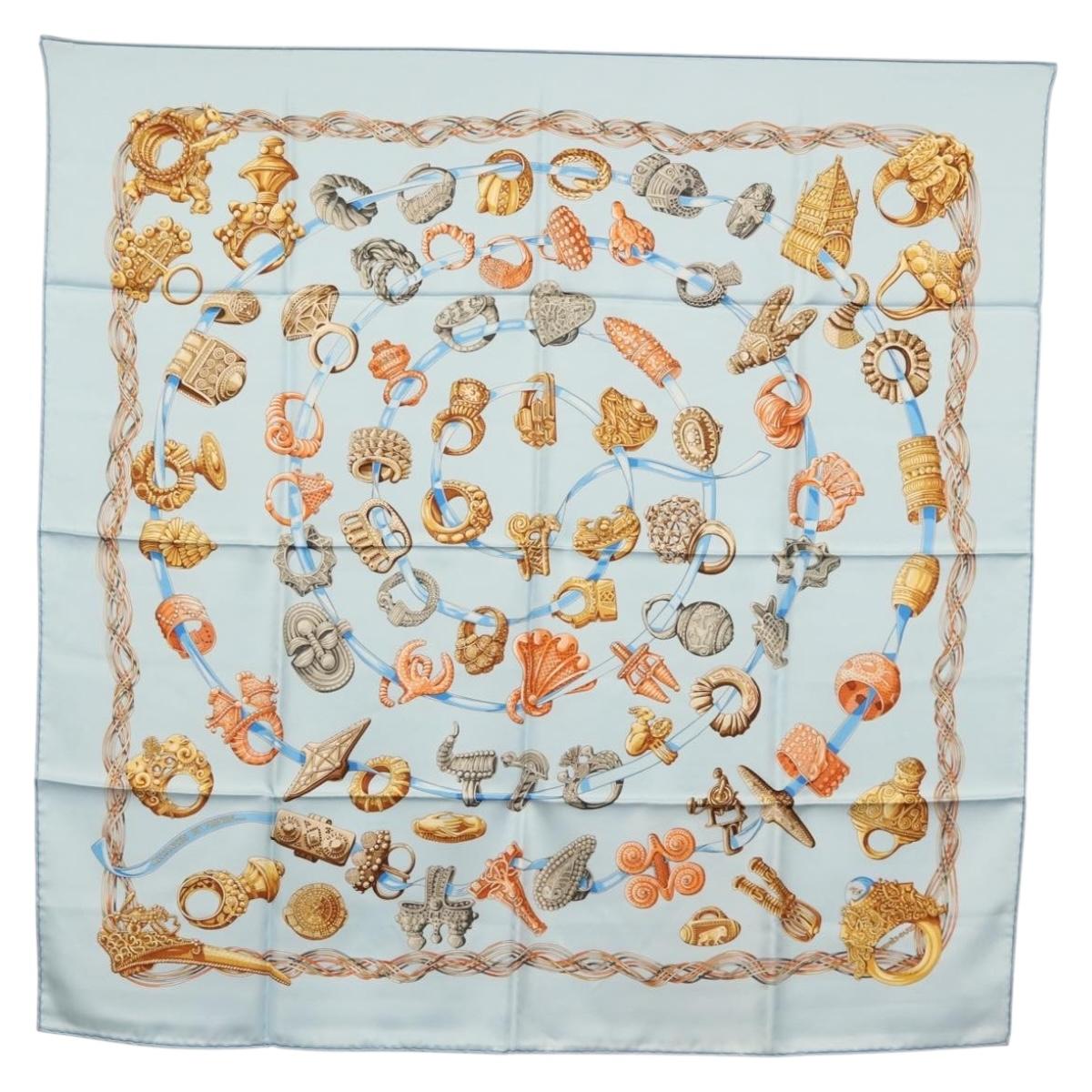 HERMES Carre 90 Scarf ""ALLIANCES DU MONDE"" Silk Light Blue Auth am9416