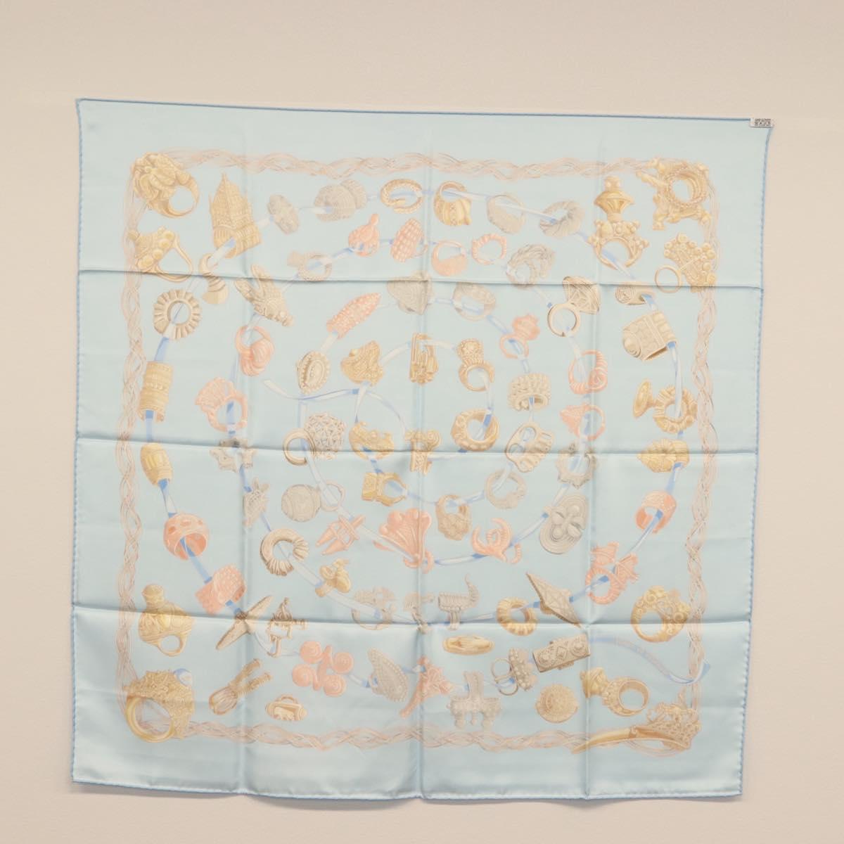 HERMES Carre 90 Scarf ""ALLIANCES DU MONDE"" Silk Light Blue Auth am9416