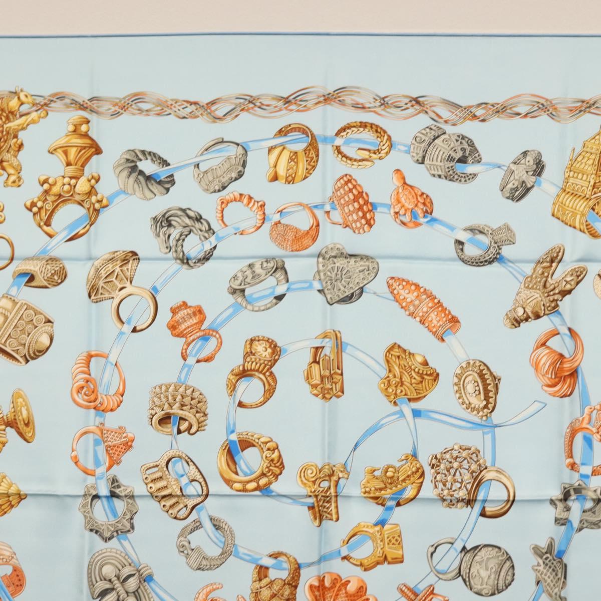 HERMES Carre 90 Scarf ""ALLIANCES DU MONDE"" Silk Light Blue Auth am9416