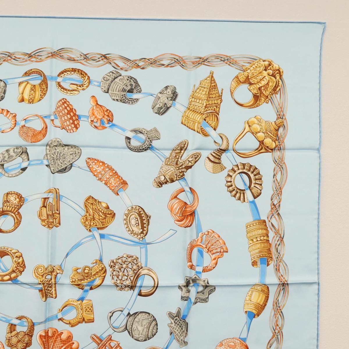 HERMES Carre 90 Scarf ""ALLIANCES DU MONDE"" Silk Light Blue Auth am9416
