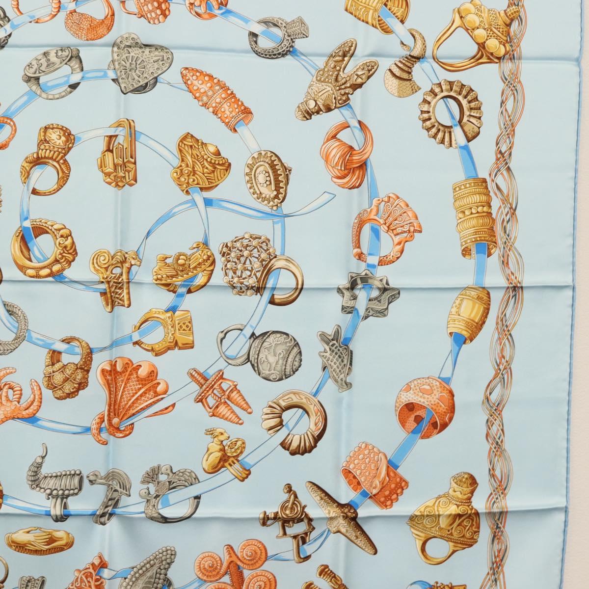 HERMES Carre 90 Scarf ""ALLIANCES DU MONDE"" Silk Light Blue Auth am9416