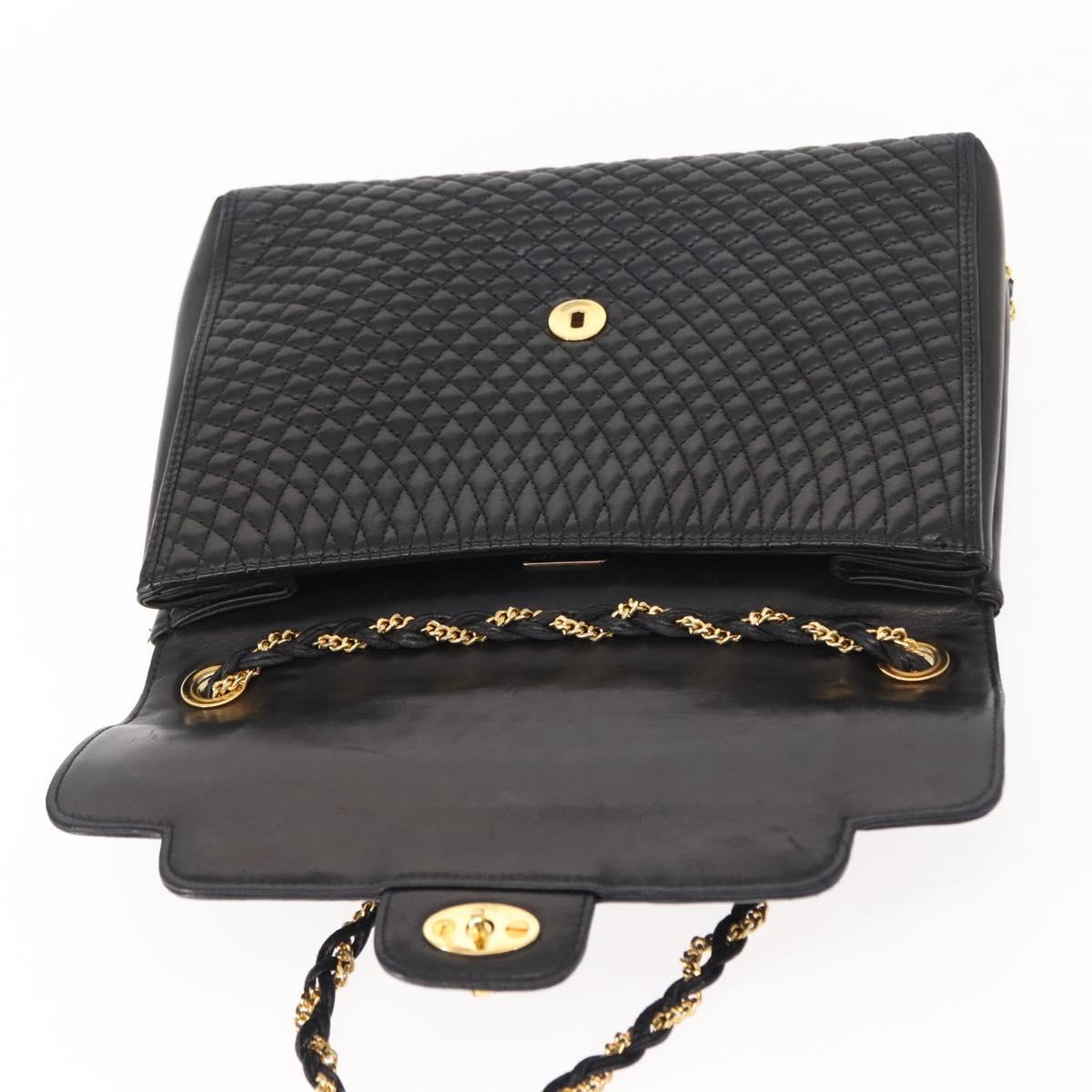 BALLY Quilted Chain Shoulder Bag Leather Black Gold Auth am9465