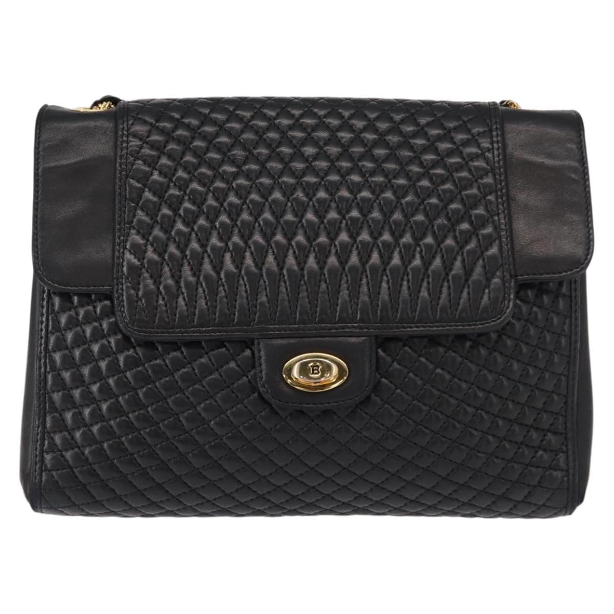 BALLY Quilted Chain Shoulder Bag Leather Black Gold Auth am9465