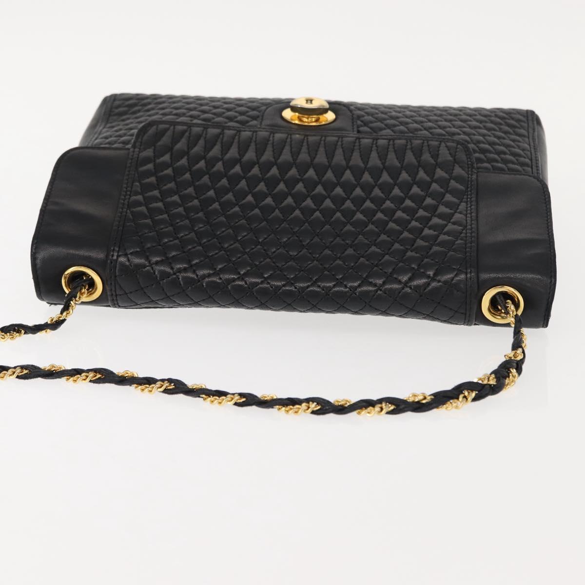 BALLY Quilted Chain Shoulder Bag Leather Black Gold Auth am9465