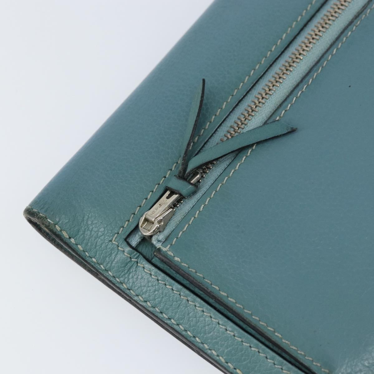 HERMES Dogon Long Wallet Leather Light Blue Silver Auth am9479