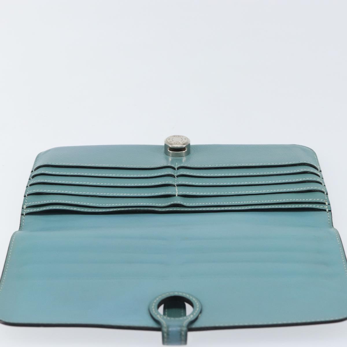 HERMES Dogon Long Wallet Leather Light Blue Silver Auth am9479