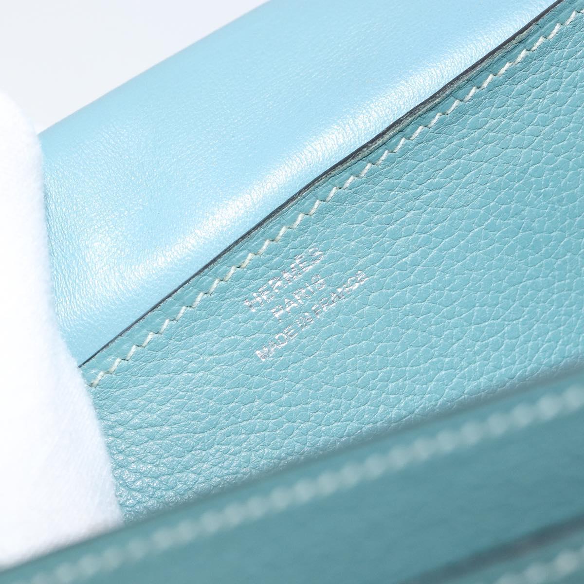 HERMES Dogon Long Wallet Leather Light Blue Silver Auth am9479