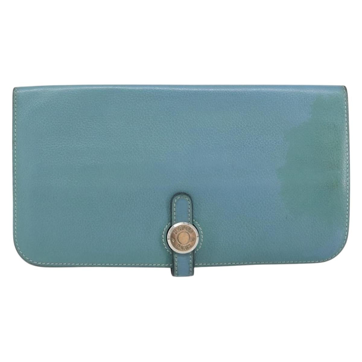 HERMES Dogon Long Wallet Leather Light Blue Silver Auth am9479