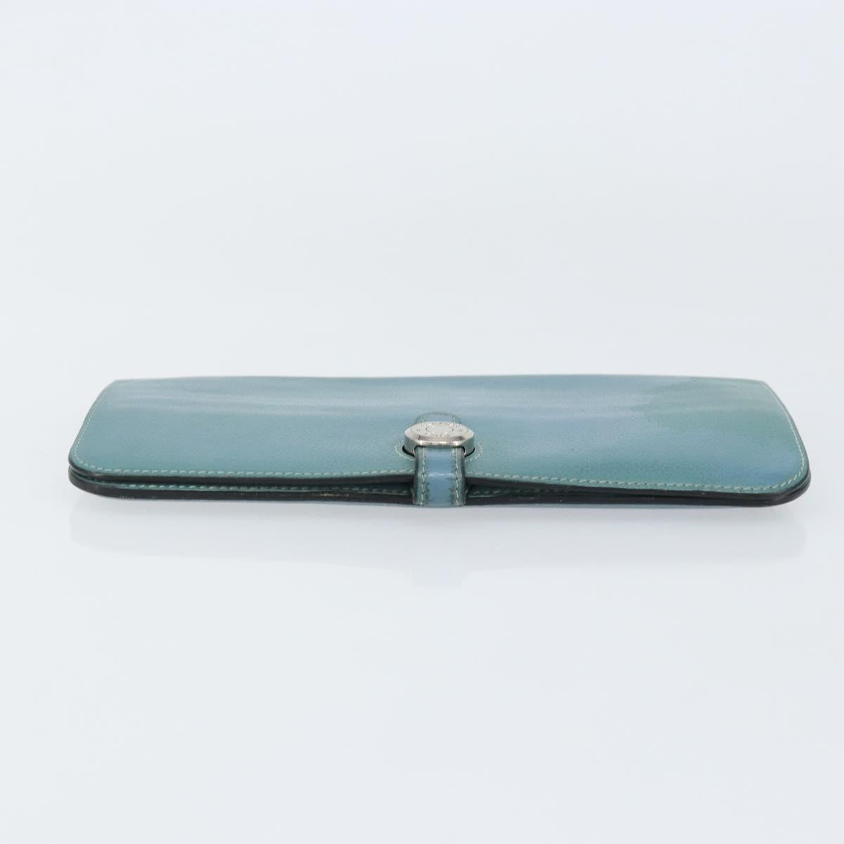 HERMES Dogon Long Wallet Leather Light Blue Silver Auth am9479