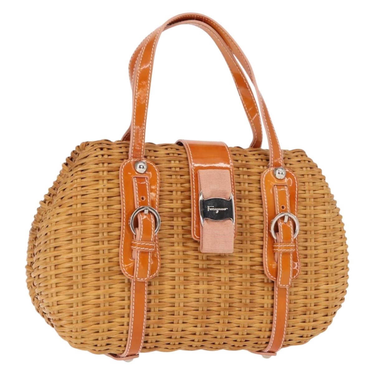 Salvatore Ferragamo Vala Hand Bag Rattan Leather Brown Silver Auth am9489