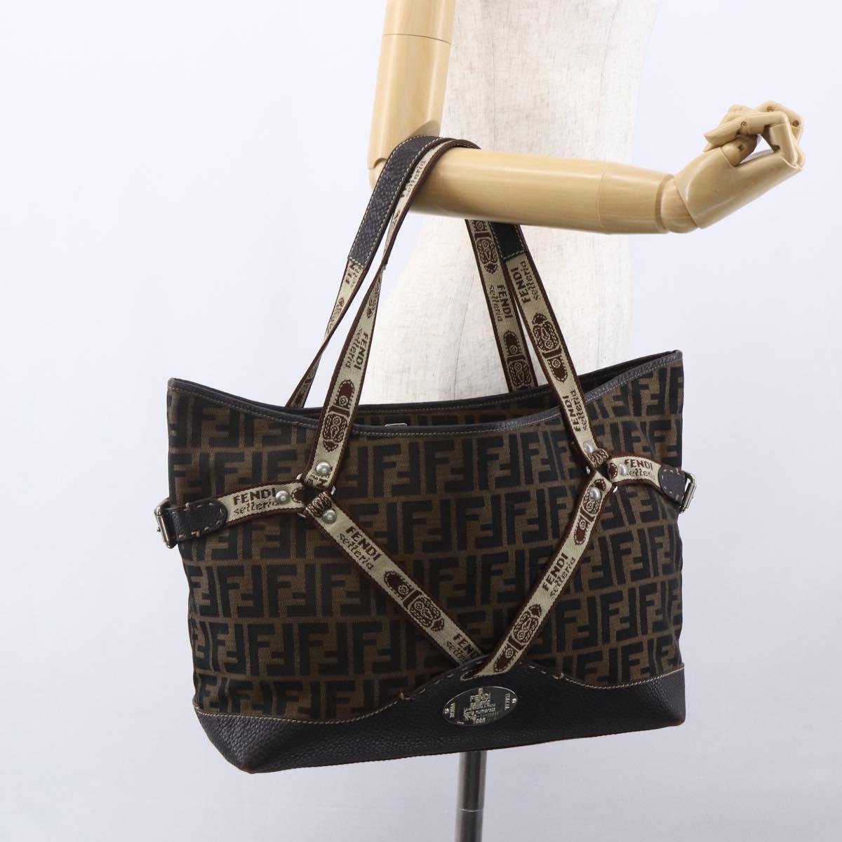 FENDI Zucca Canvas Celeria Tote Bag Black Brown Silver Auth am9502