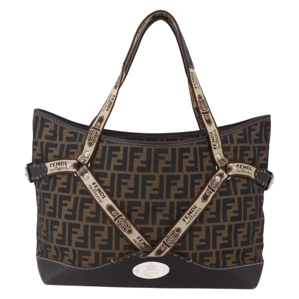 FENDI Zucca Canvas Celeria Tote Bag Black Brown Silver Auth am9502