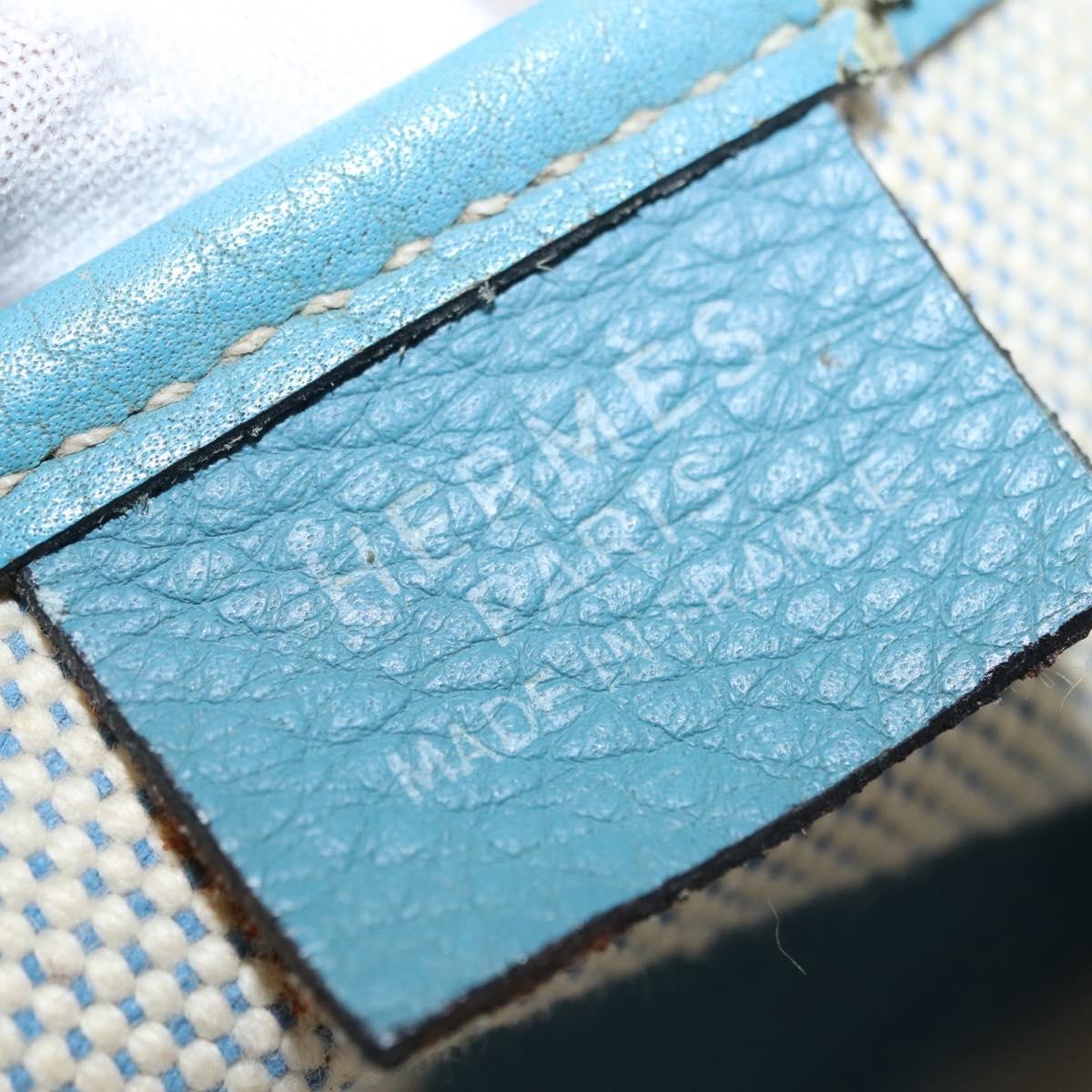 HERMES Giardinier PM Tote Bag Canvas Leather Beige Blue Auth am9505