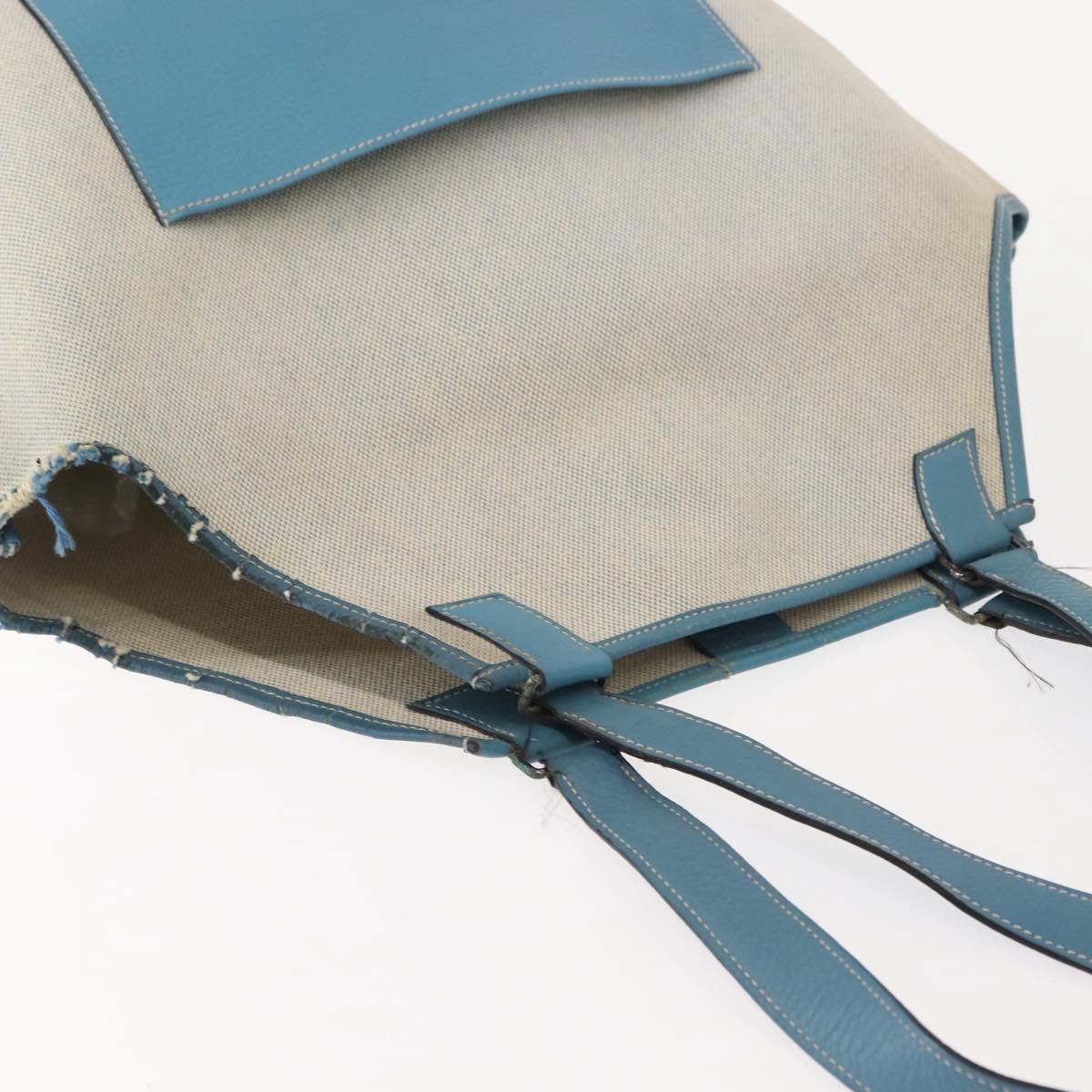 HERMES Giardinier PM Tote Bag Canvas Leather Beige Blue Auth am9505