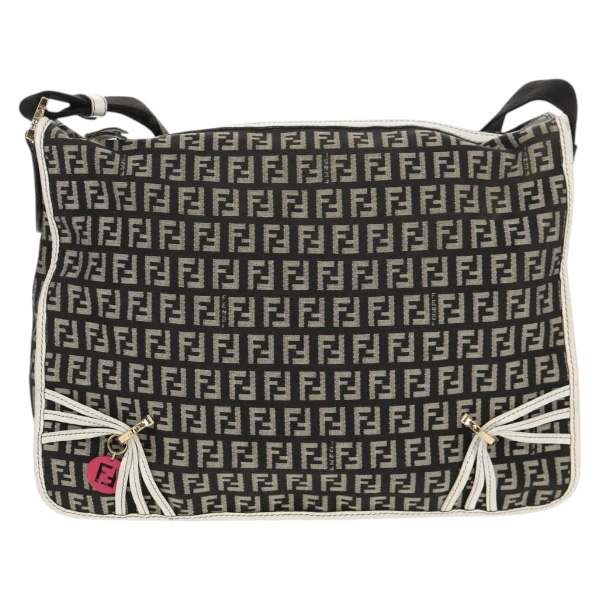 FENDI Zucchino Canvas Shoulder Bag Black Gold Auth am9520V