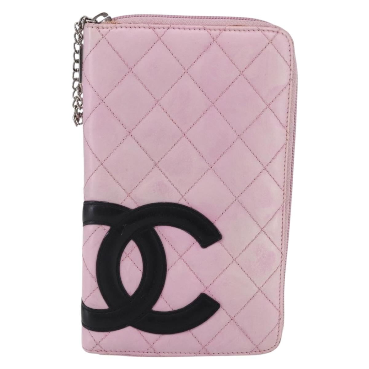 CHANEL Matelasse Cambon Line Long Wallet Leather Pink Silver CC Auth am9532