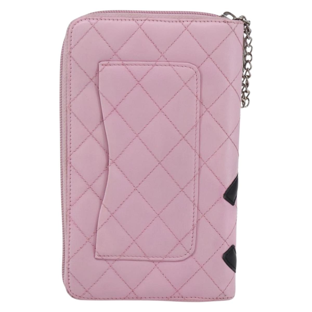 CHANEL Matelasse Cambon Line Long Wallet Leather Pink Silver CC Auth am9532