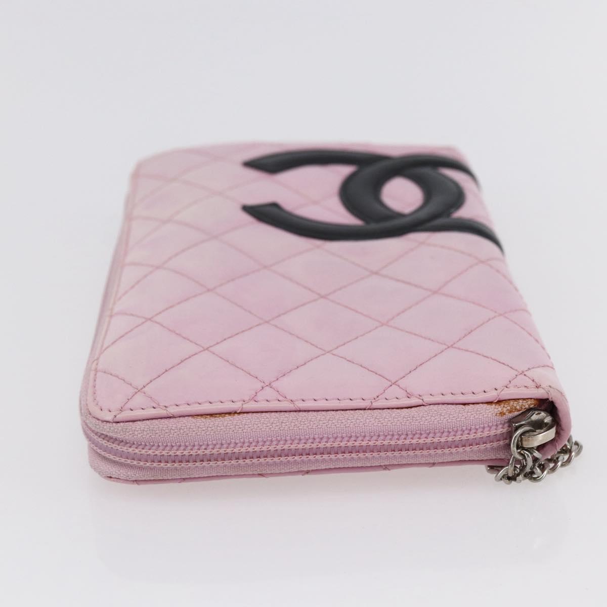 CHANEL Matelasse Cambon Line Long Wallet Leather Pink Silver CC Auth am9532