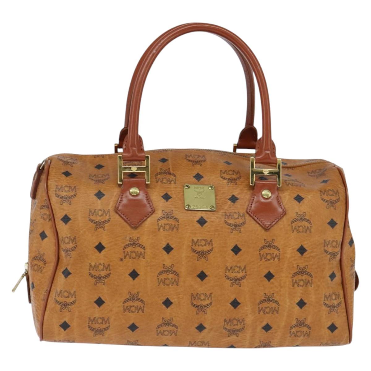 MCM Logogram Vicetos Boston Bag PVC Leather 2way Brown Gold Auth am9555