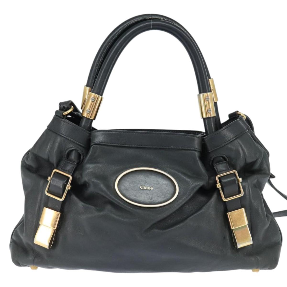 Chloe Victoria Hand Bag Leather 2way Black Gold Auth am9563