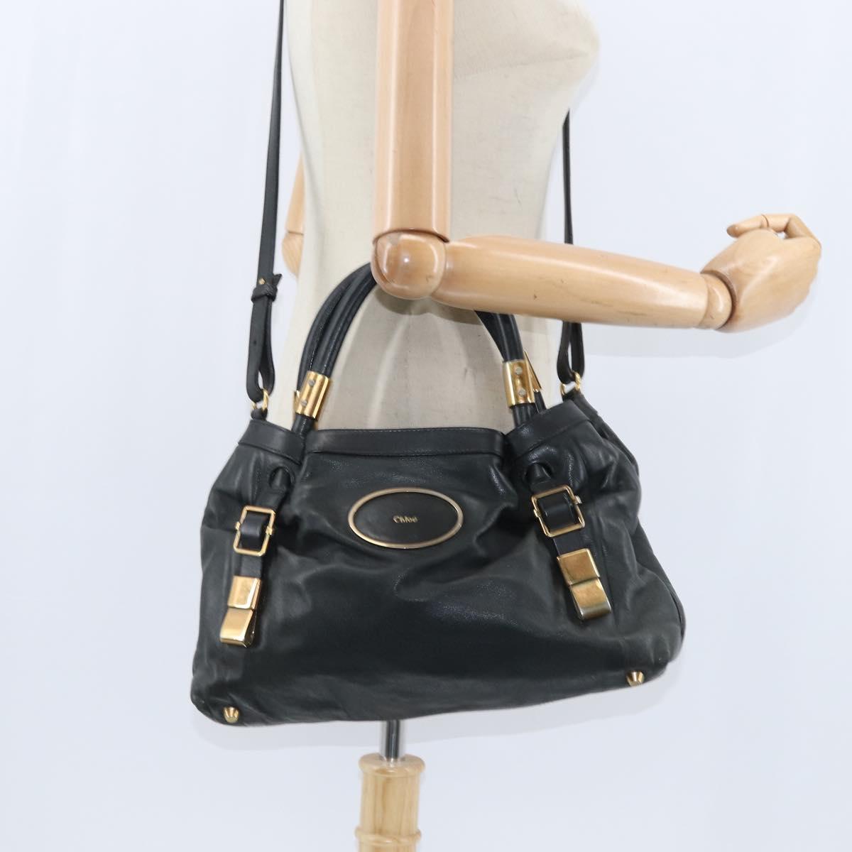 Chloe Victoria Hand Bag Leather 2way Black Gold Auth am9563