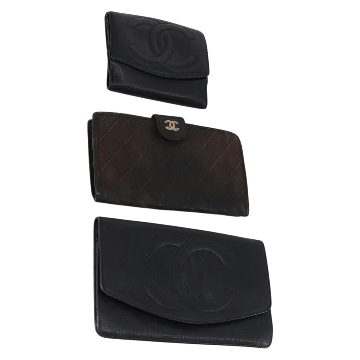 CHANEL Wallet Leather 3Set Black CC Auth am9582