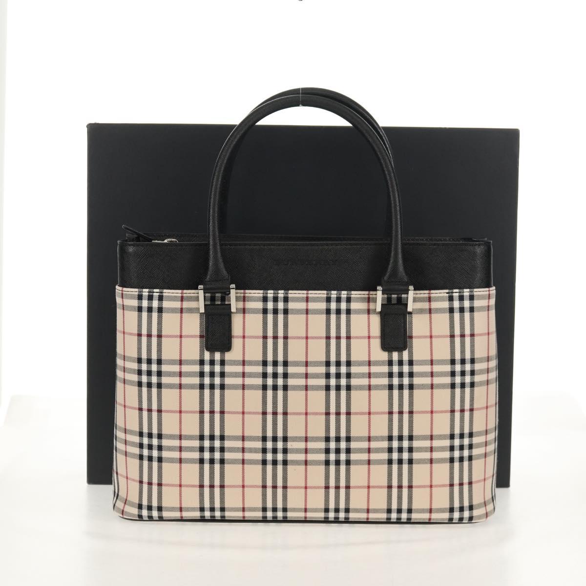 BURBERRY Nova Check Hand Bag Canvas Beige Silver Auth am9603V
