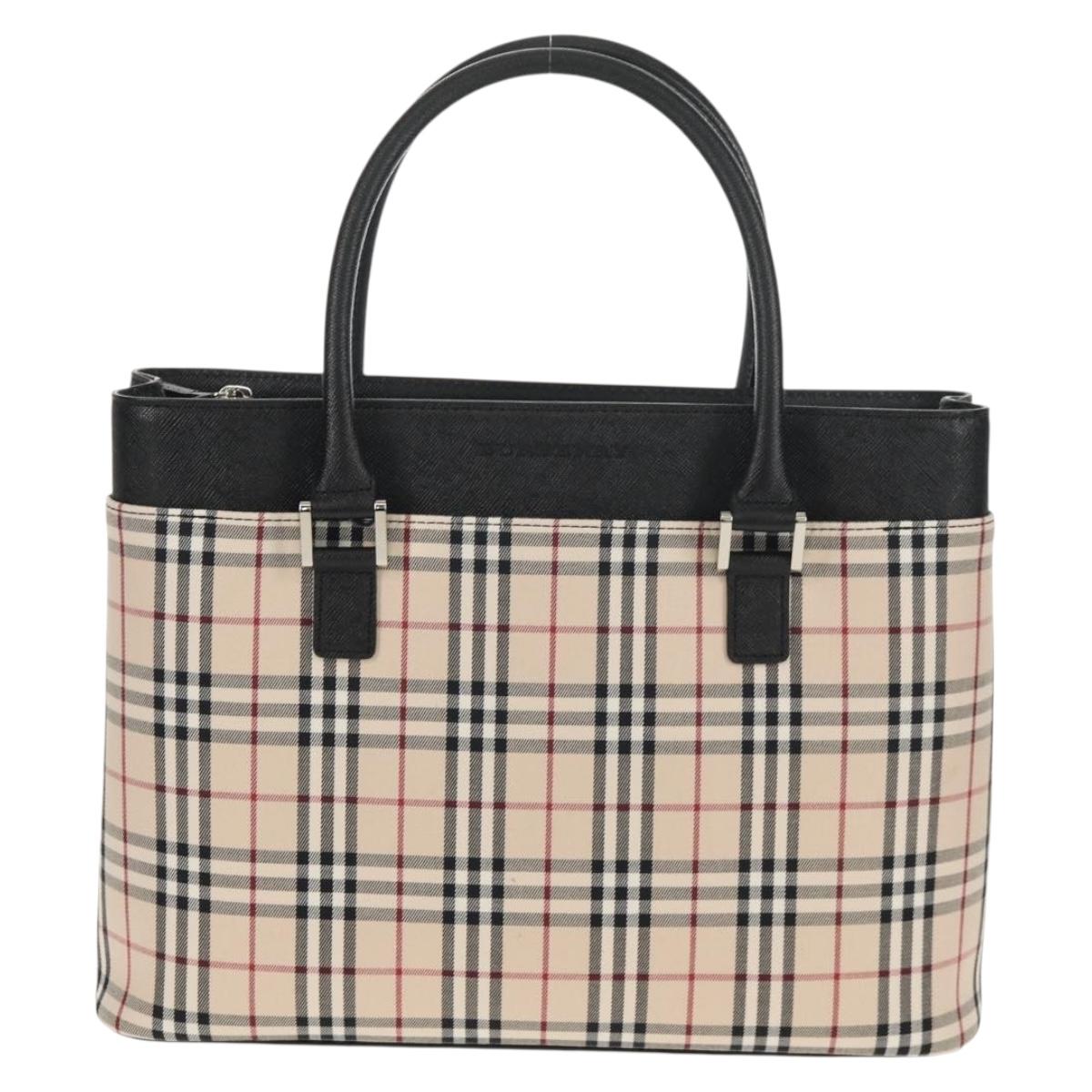 BURBERRY Nova Check Hand Bag Canvas Beige Silver Auth am9603V