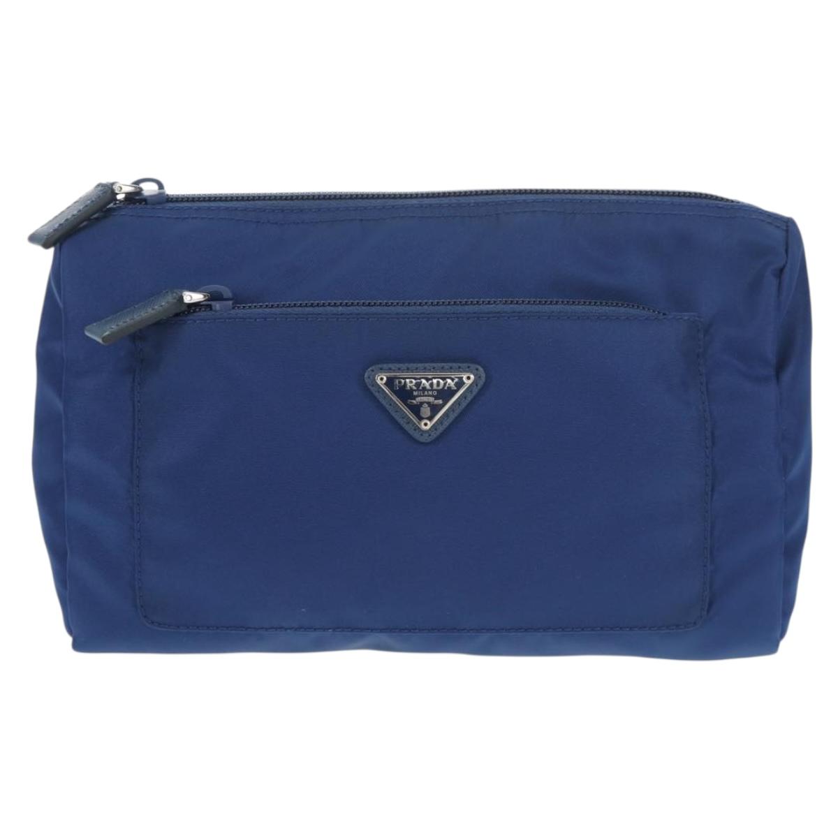 PRADA Pouch Nylon Blue Silver Auth am9642V