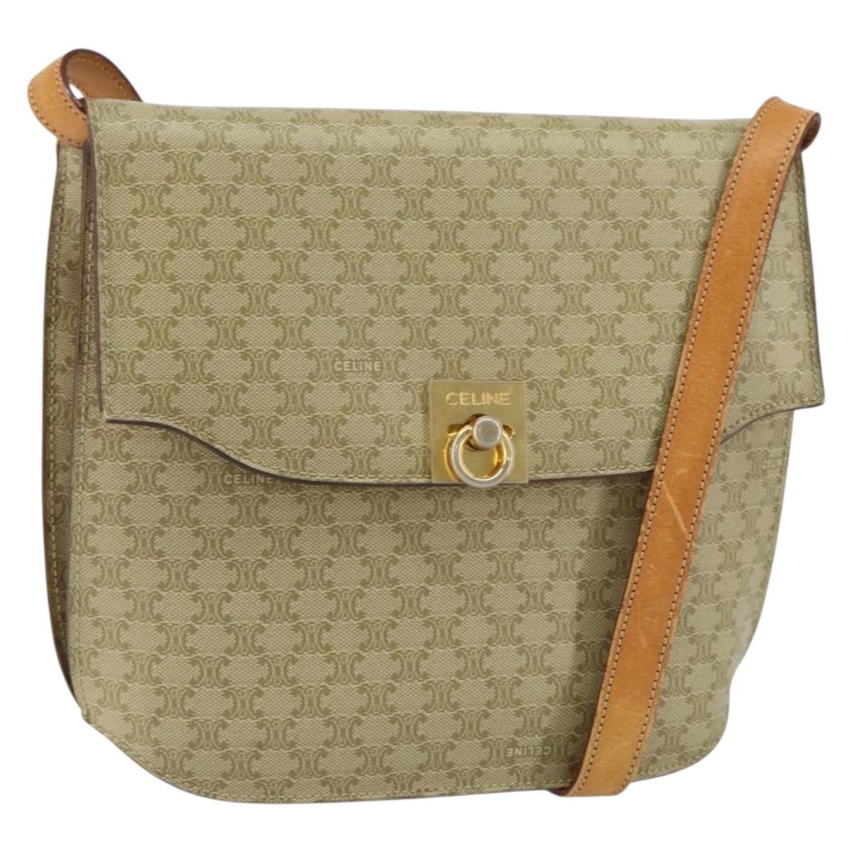 CELINE Macadam Canvas Shoulder Bag PVC Leather Beige Gold Auth am9666
