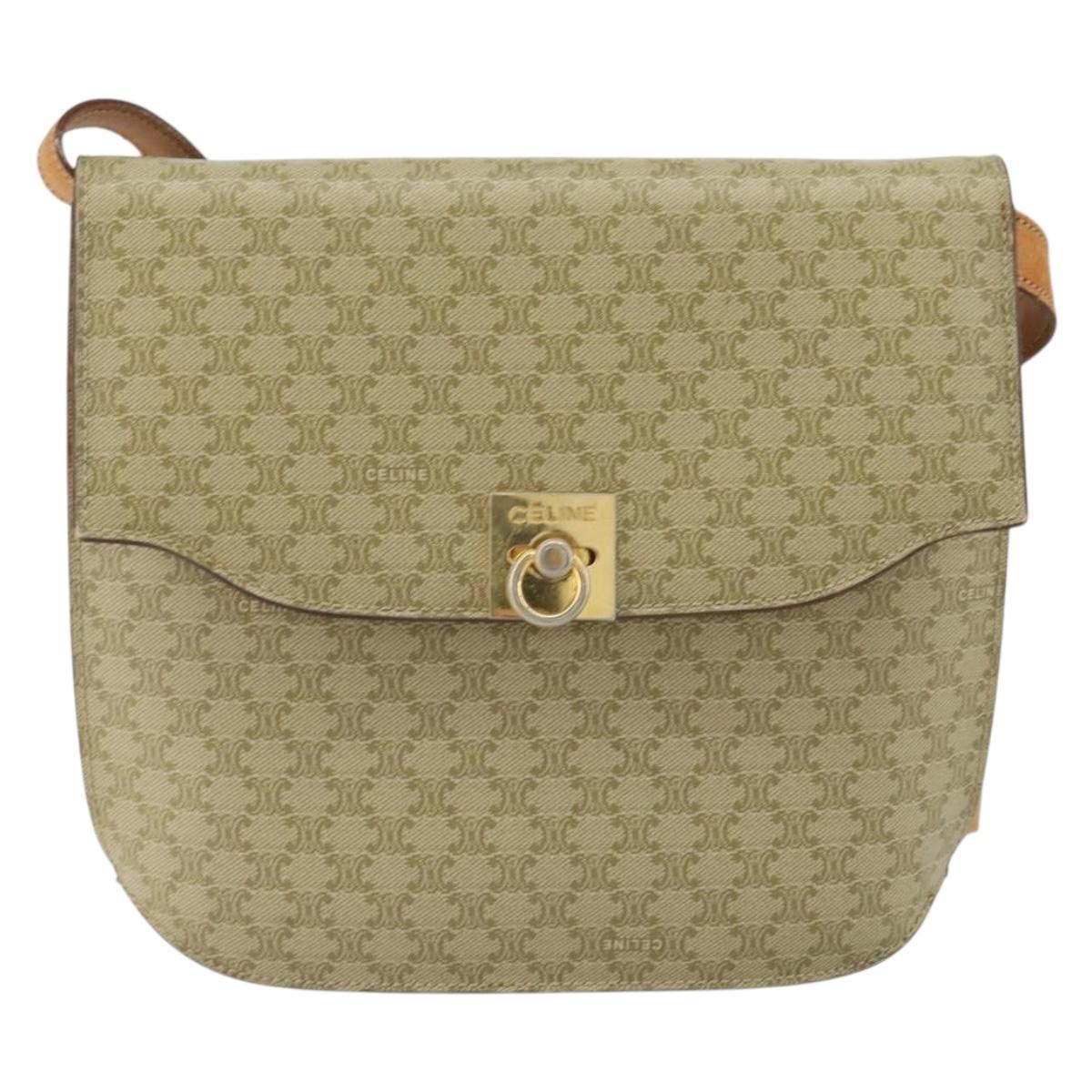 CELINE Macadam Canvas Shoulder Bag PVC Leather Beige Gold Auth am9666