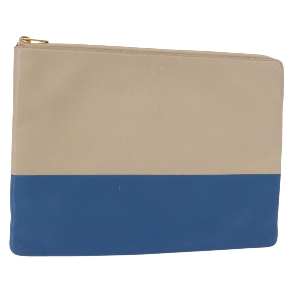 CELINE Pouch Leather Beige Blue gold Auth am9683