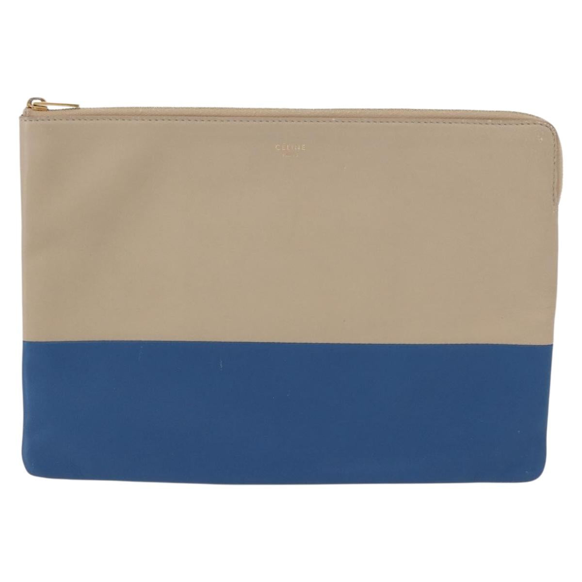 CELINE Pouch Leather Beige Blue gold Auth am9683
