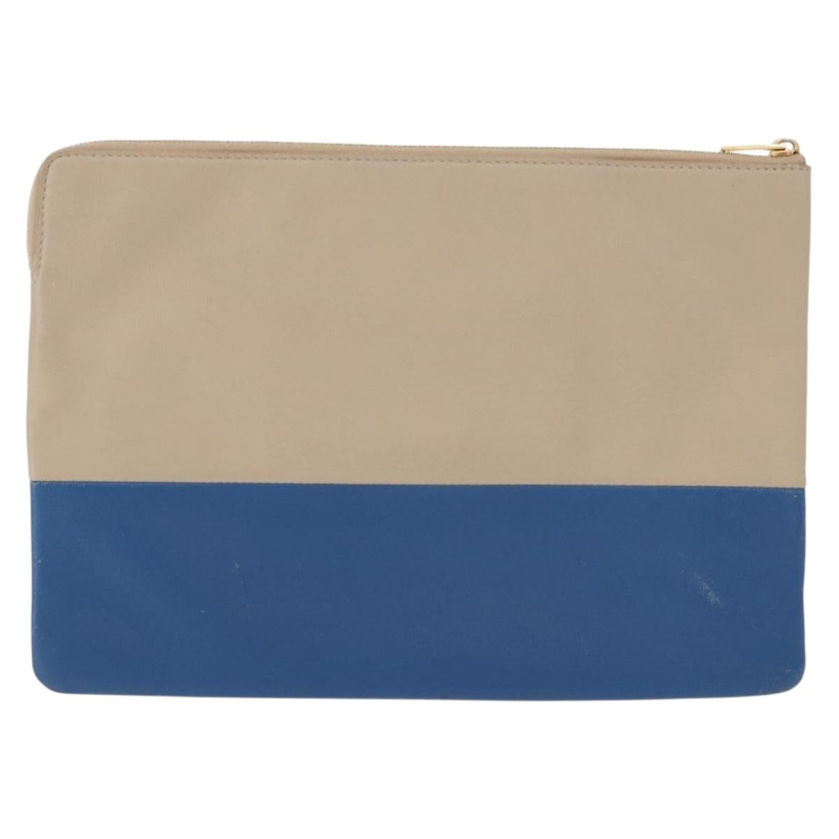 CELINE Pouch Leather Beige Blue gold Auth am9683