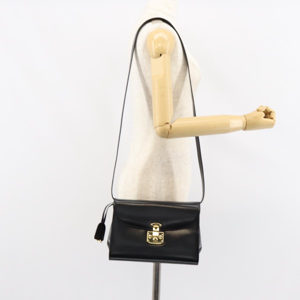 GUCCI Shoulder Bag Leather Black Gold Auth am9688