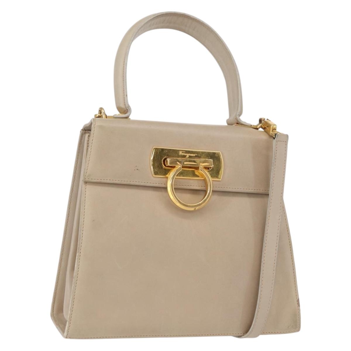 Salvatore Ferragamo Gancini Hand Bag Leather 2way Beige Silver Auth am9702