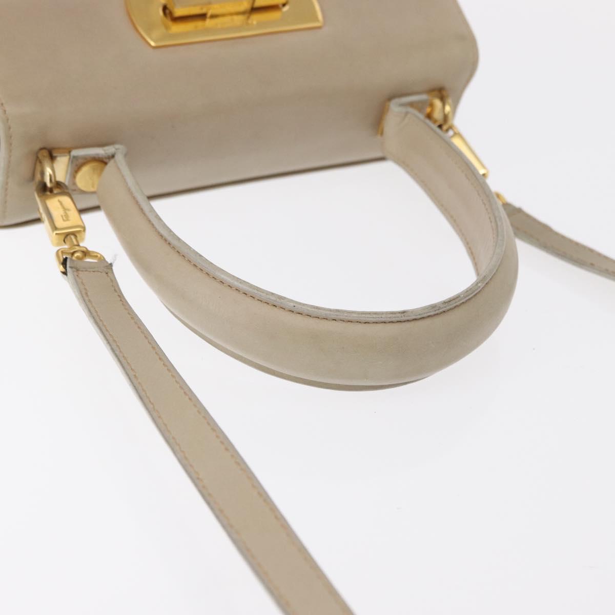 Salvatore Ferragamo Gancini Hand Bag Leather 2way Beige Silver Auth am9702