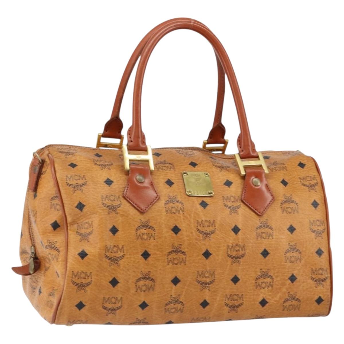 MCM Logogram Vicetos Boston Bag PVC Leather Brown Gold Auth am9704