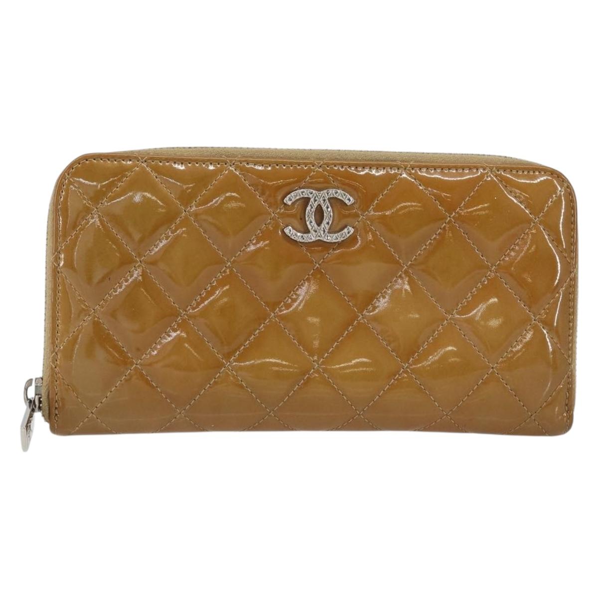 CHANEL Matelasse COCO Mark Long Wallet Patent leather Brown CC Auth am9714