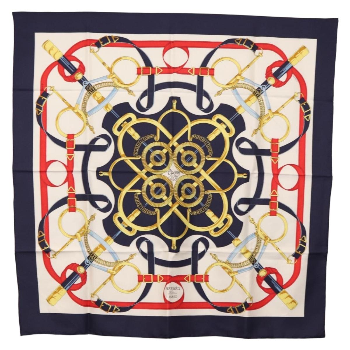 HERMES Carre 90 Scarf Silk ”Eperon d'Or” Navy Auth am9720