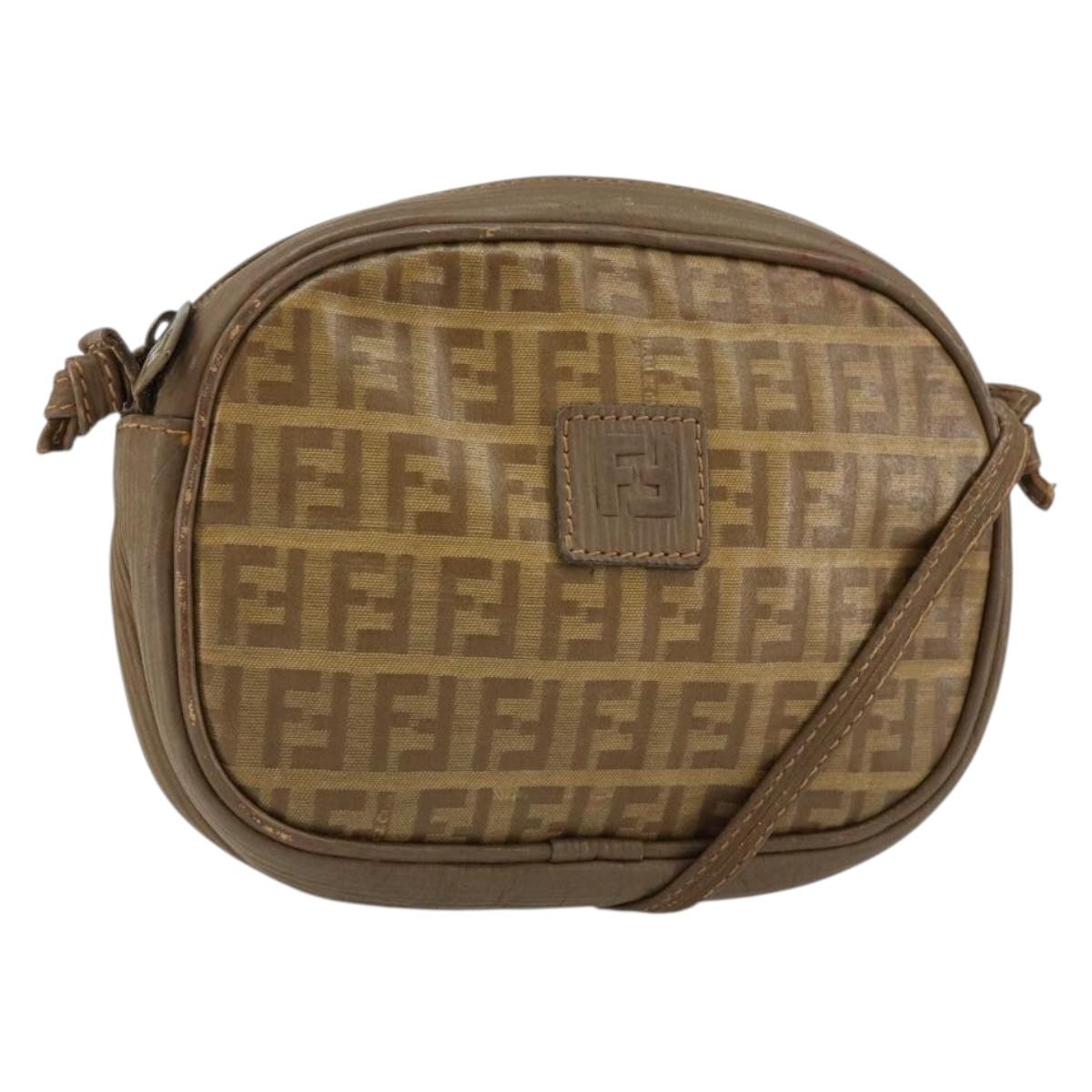 FENDI Zucchino Canvas Shoulder Bag PVC Beige Auth am9757